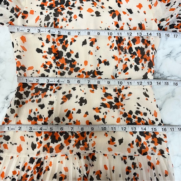 Whistles Orange Mottled Animal Pleated Midi Dress Chiffon Short Sleeve Size 2 - Picture 8 of 14